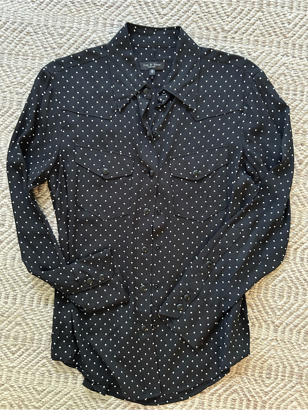 rag & bone Black Button-Up Shirt with White Polka Dots